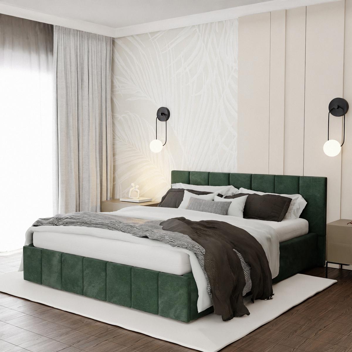 Łóżko tapicerowane 160x200 premium z pojemnikiem do sypialni butelkowa zieleń wezgłowie 107 cm