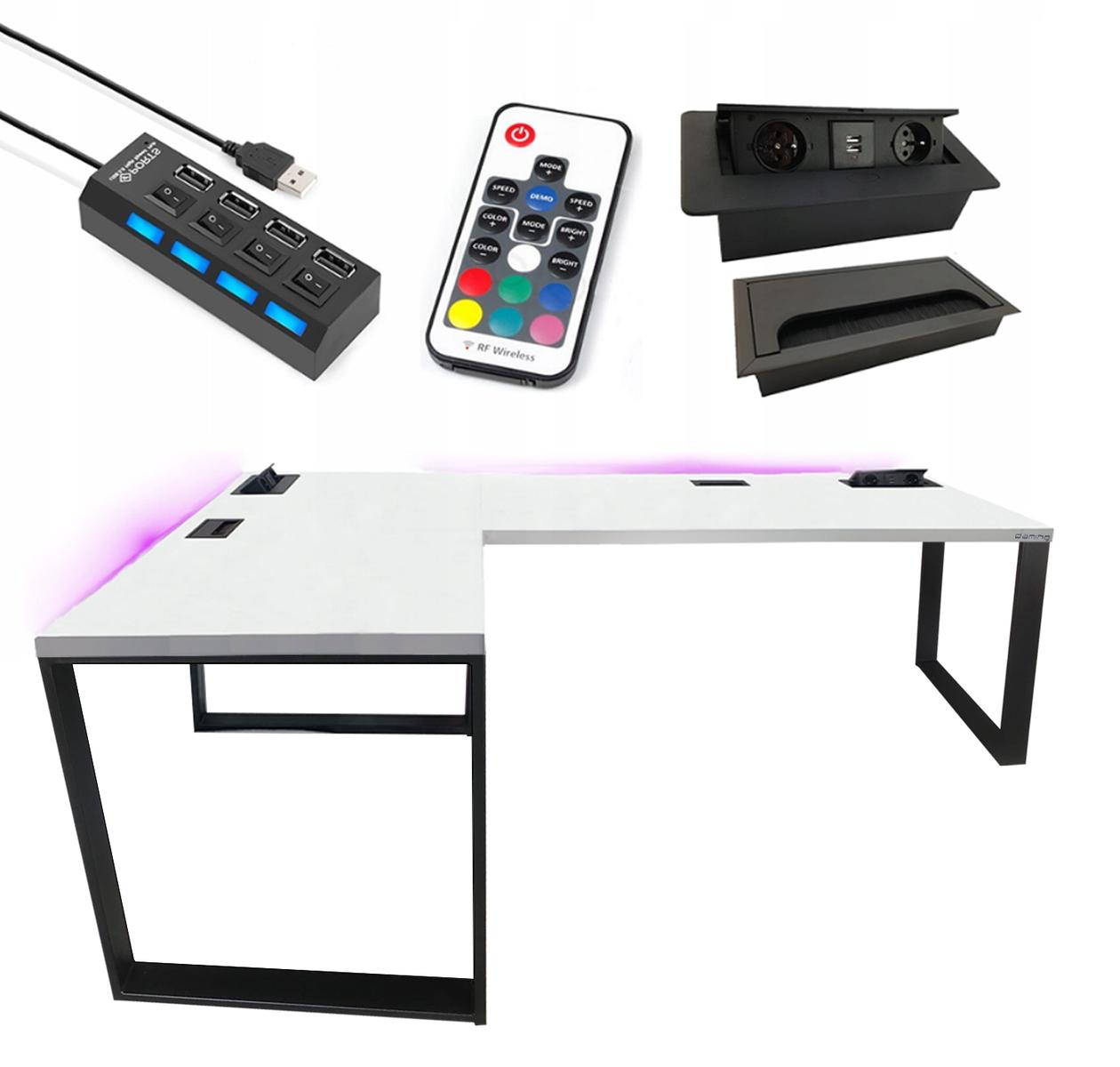 Biurko gamingowe narożne model 3 Top białe LOFT metalowe nogi LED RGB przepust USB dla gracza 180x71x60cm nr. 1