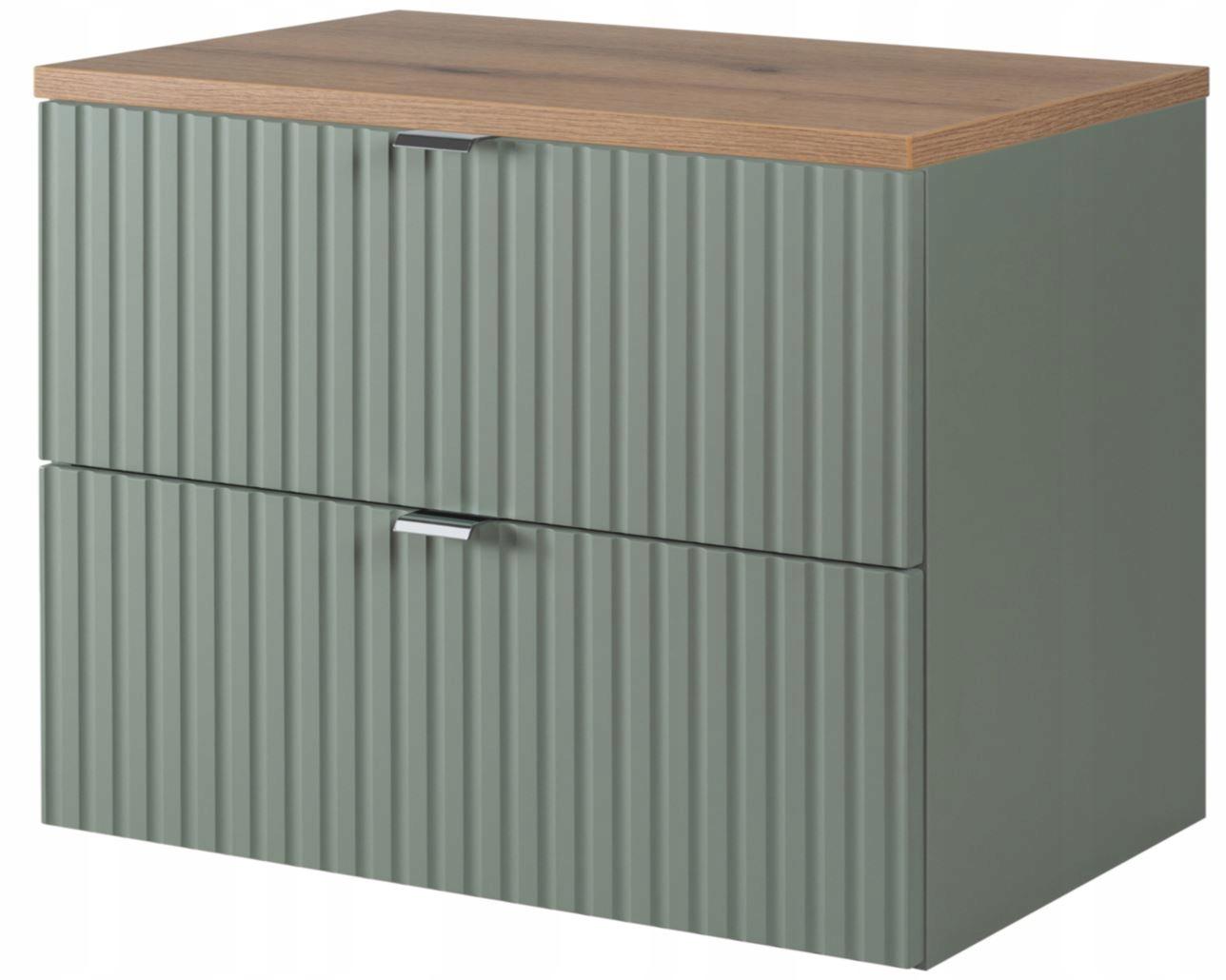 Szafka pod umywalkę Line Reed Green 80x57x39 cm zielona blat dąb ryflowane 2 szuflady MDF do łazienki