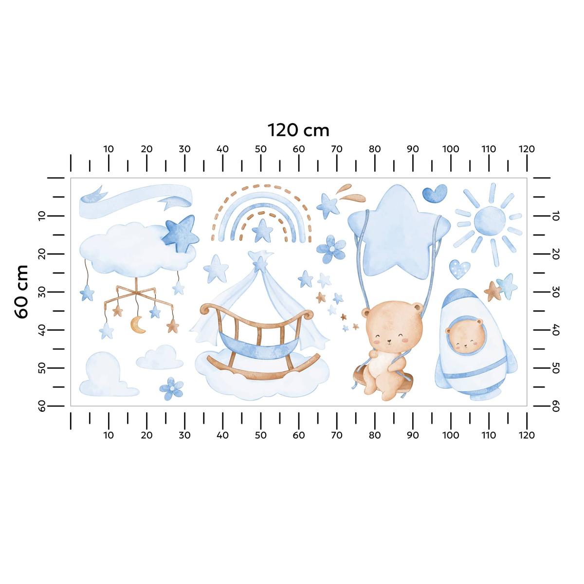 Naklejki Na Ścianę Dla Dzieci Misie Niebieskie 120x60 Boho ZESTAW nr. 2