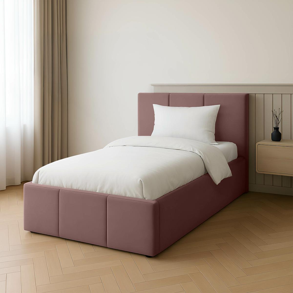 Łóżko Pojedyncze 90x200cm łóżko tapicerowane z pojemnikiem brudny róż do sypialni wezgłowie 110 cm nr. 3