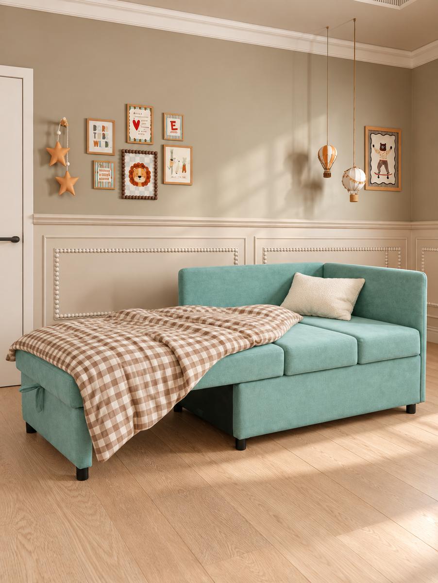 Sofa Viluś 106x75x80 cm miętowy rozkładana sofa narożna jednoosobowa z funkcją spania i pojemnikiem na pościel nr. 3