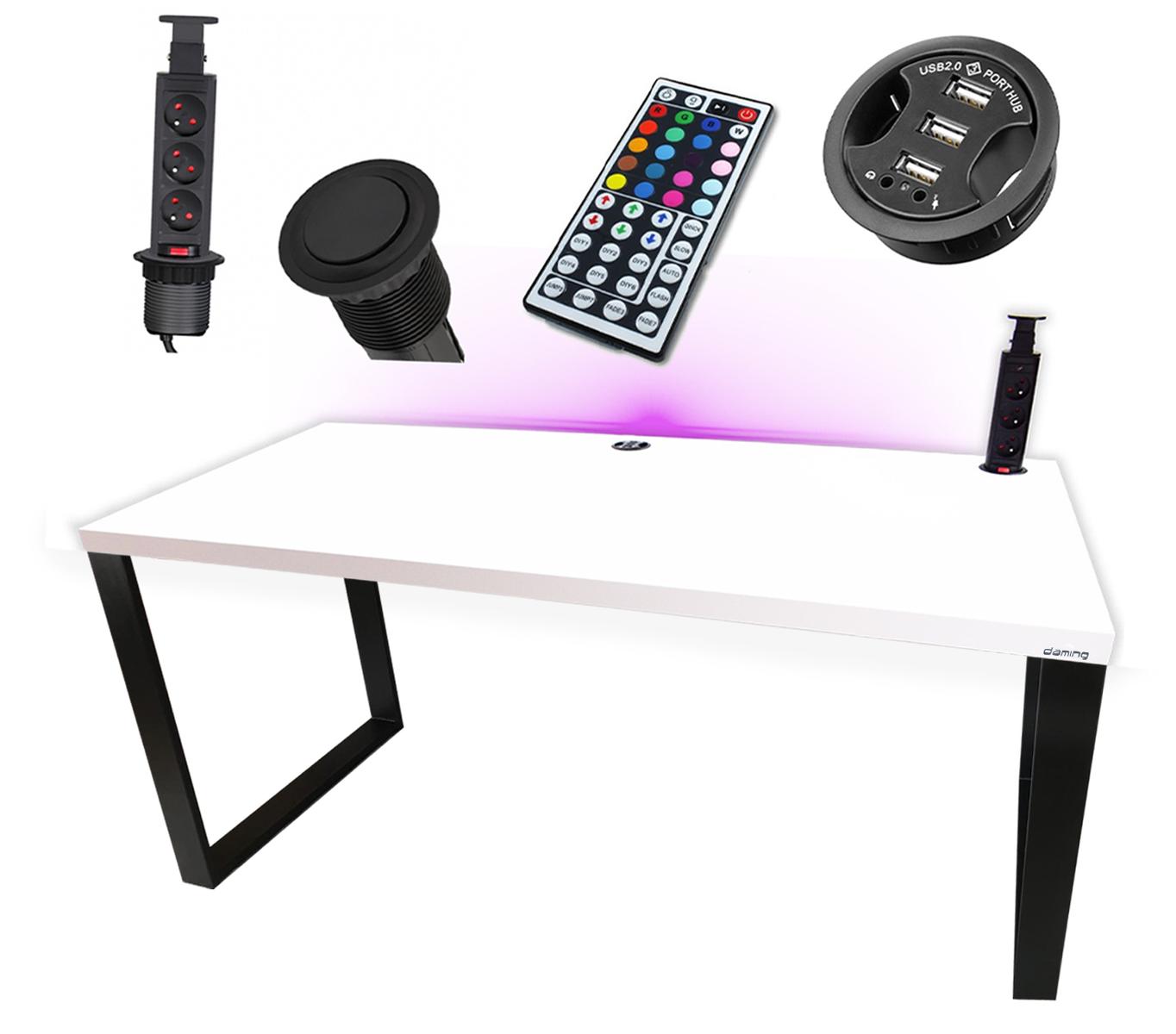 Biurko gamingowe 160x71x80 cm biały LOFT LED RGB pilot przepust HUB USB blat 3,6 cm