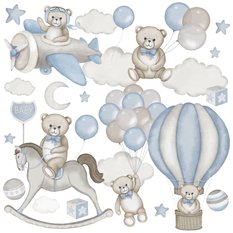 Naklejki Na Ścianę Dla Dzieci Misie Balony 60x30  Chmurki Koń Na Biegunach Zestaw  - Miniaturka zdjęcia nr 1