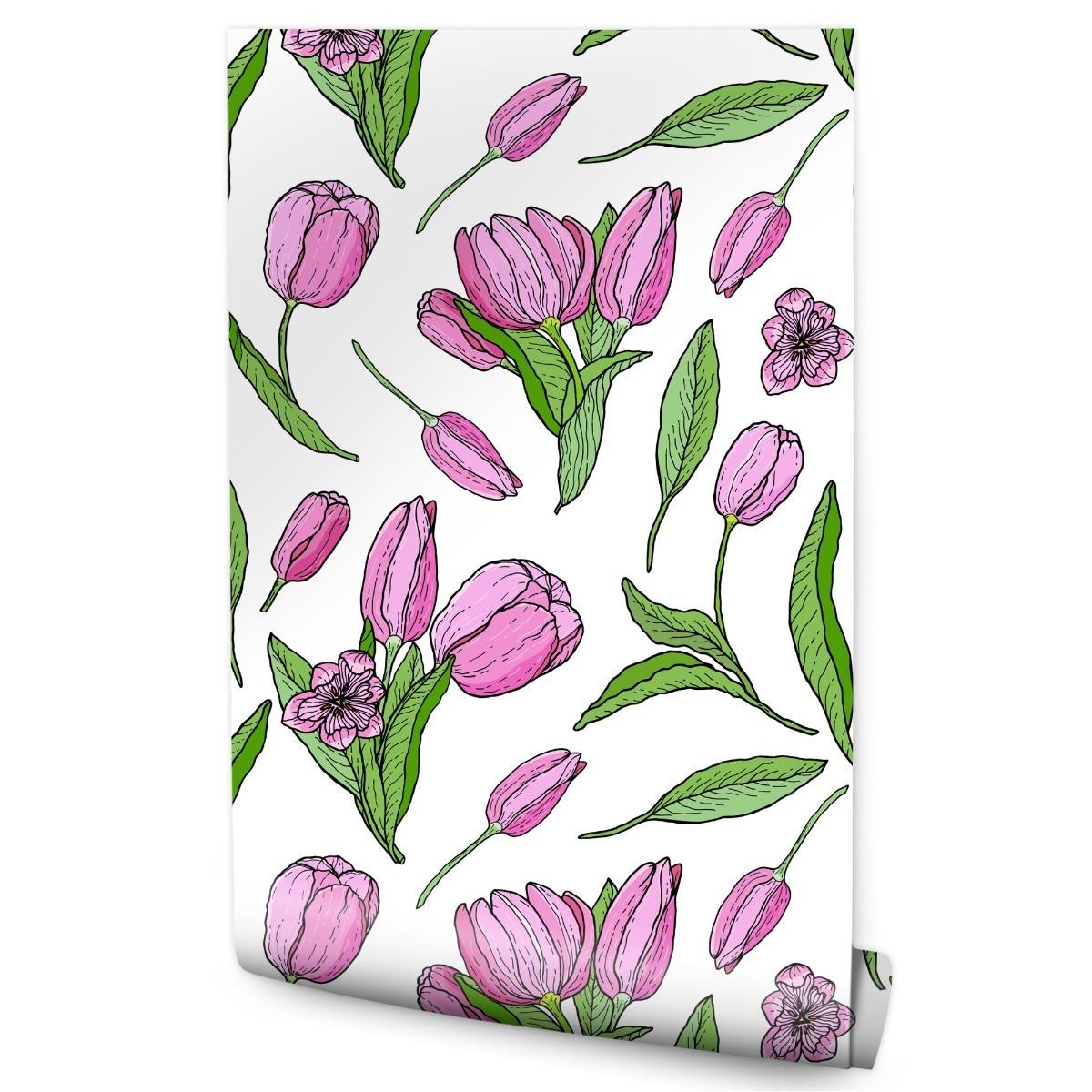 Tapeta Do Jadalni Rysowane KWIATY Tulipany Natura  nr. 1