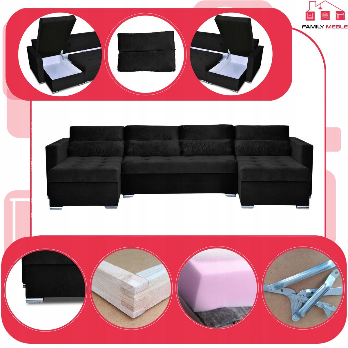 Narożnik Varius BIG 297x74x140 cm kształt U z funkcją spania i przechowywania do salonu Royal czarny nr. 4