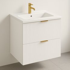 Szafka łazienkowa WILLY 60x46x58 cm z umywalką biała wisząca ryflowane fronty 2 szuflady do łazienki  - Miniaturka zdjęcia nr 1