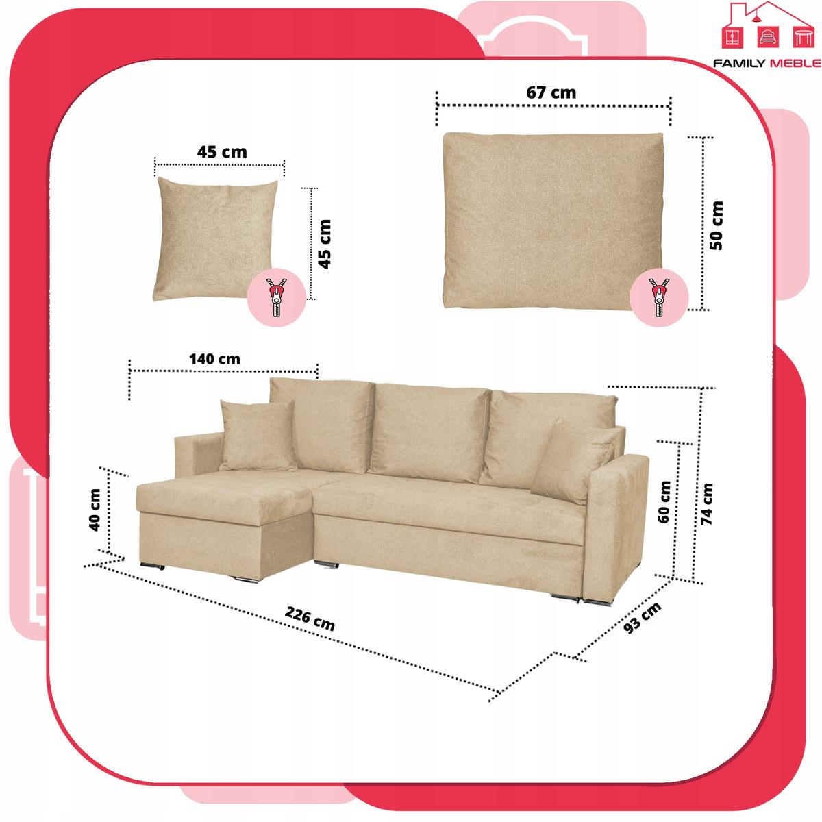 Narożnik BELLA 226x75x140 cm rozkładany funkcją spania rogówka do salonu beżowy welur nr. 8