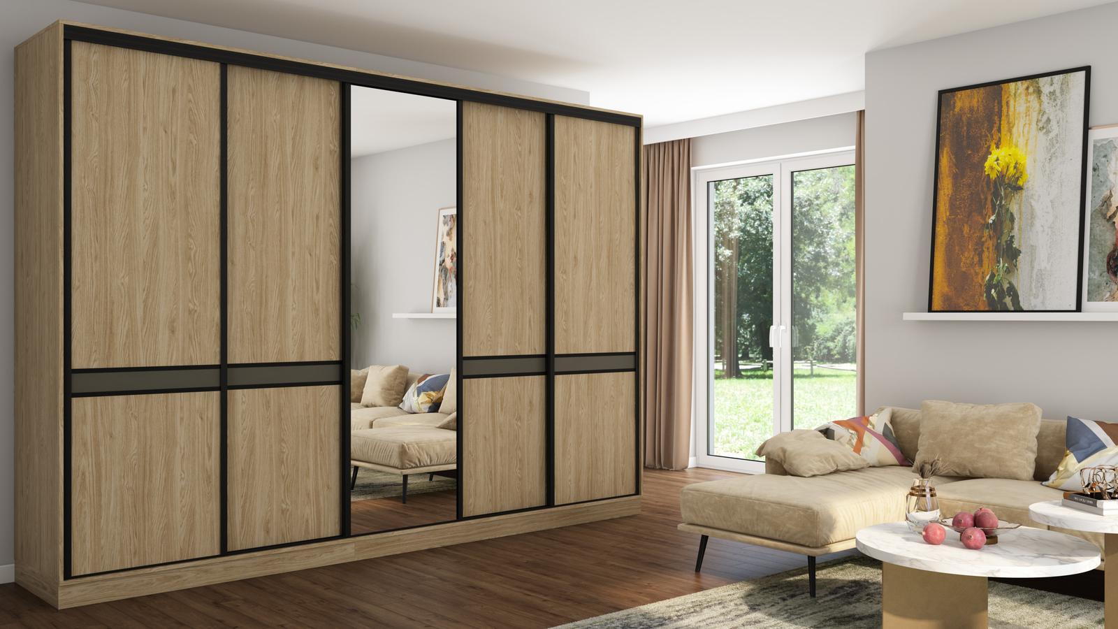 Szafa przesuwna 340x66x244 cm okucia czarne dąb olejowany z 1 lustrem 