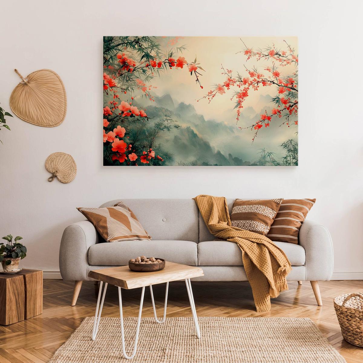 Obraz Na Płótnie Czerwone Kwiaty Wzgórze Styl Japoński 120x80 Dekoracja do Salonu nr. 3