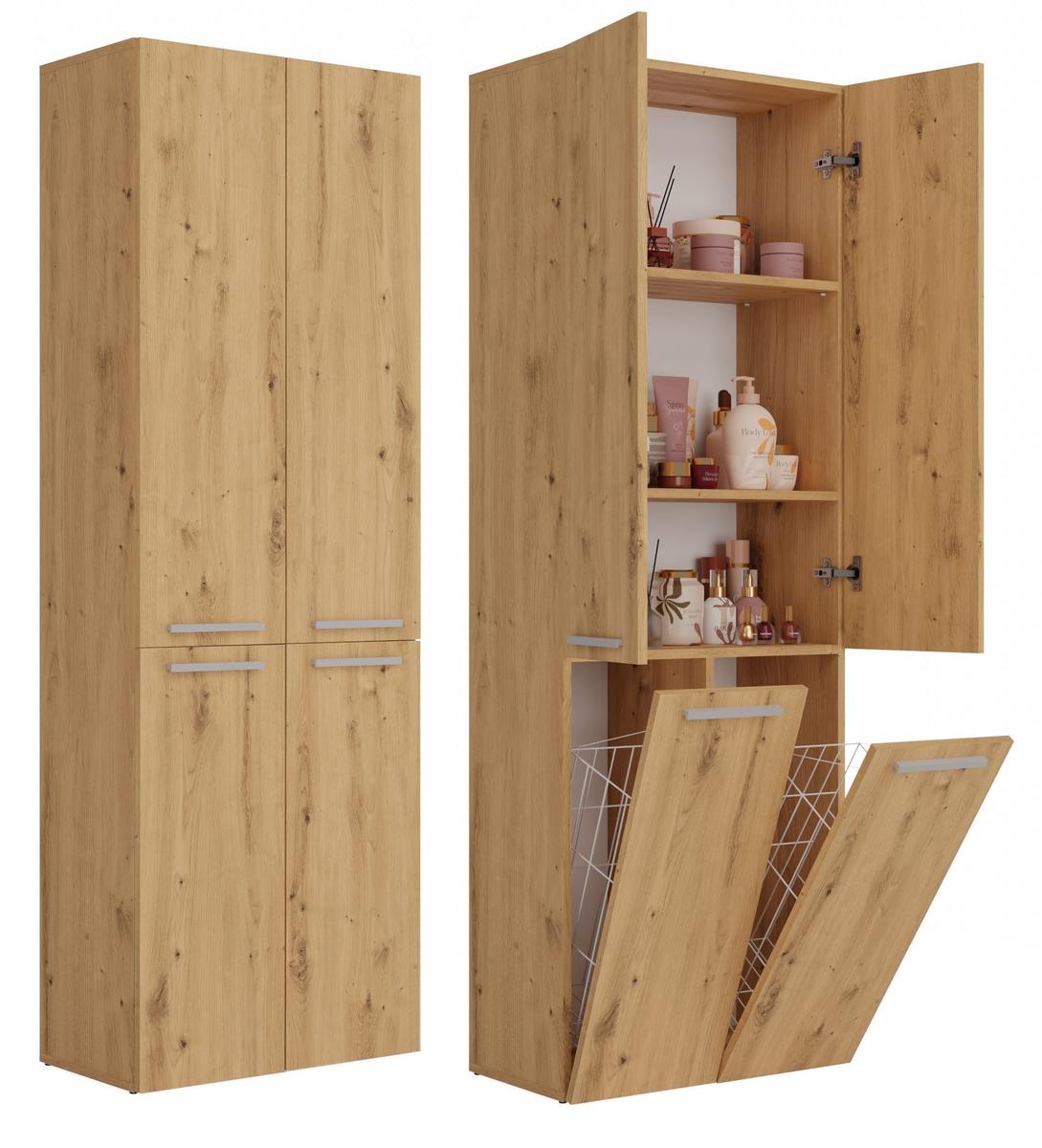 Słupek łazienkowy NEL DD 2K 174x60x30 cm szafka łazienkowa podwójny kosz na pranie regał dąb artisan