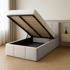 Łóżko Pojedyncze 90x200cm łóżko tapicerowane z pojemnikiem kremowe do sypialni wezgłowie 110 cm - Miniaturka zdjęcia nr 2