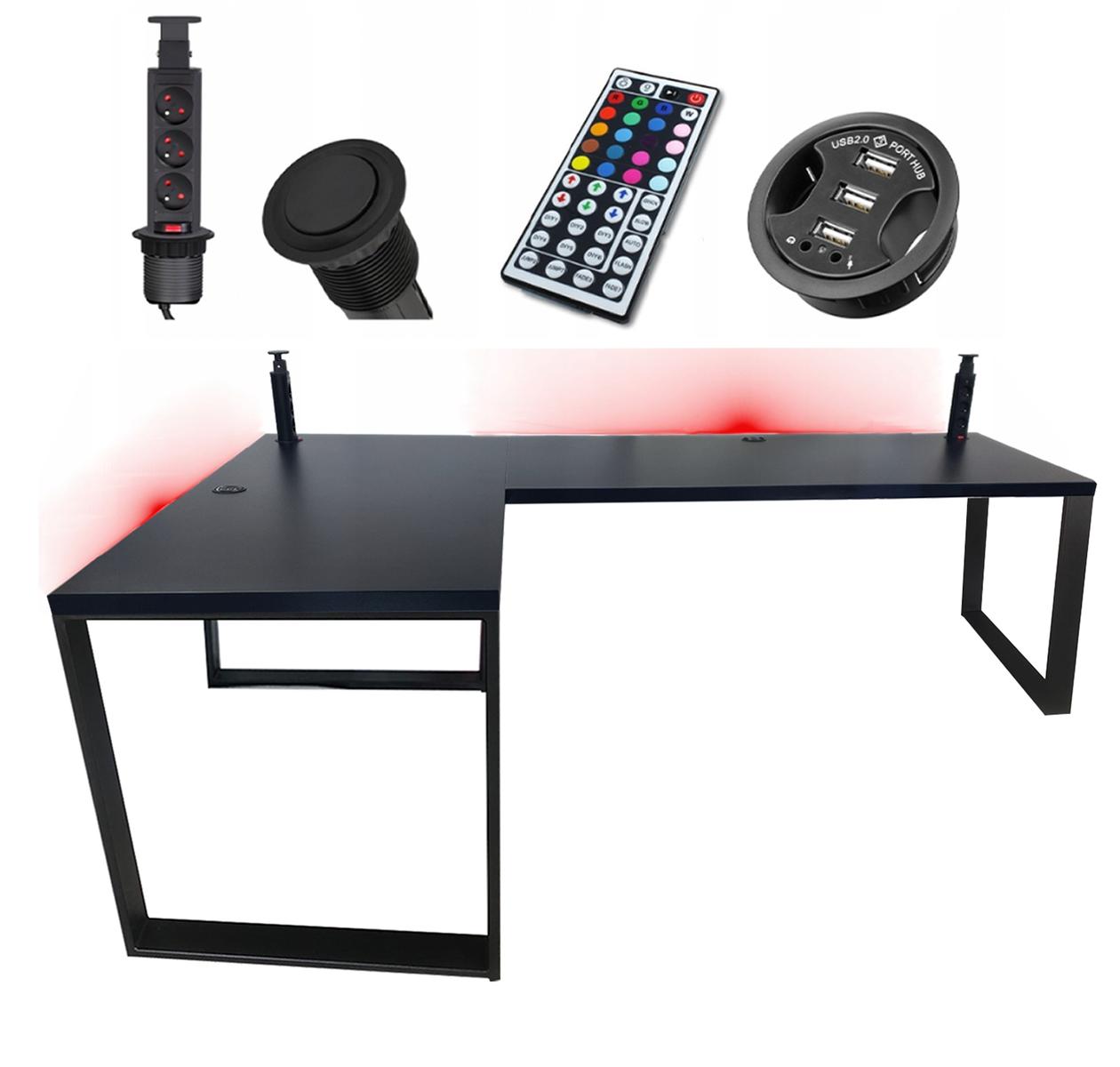 Biurko gamingowe narożne czarne LOFT metalowe nogi LED RGB przepust USB dla gracza 2180x60x71cm