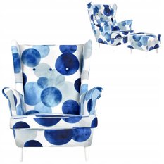 Fotel uszak z podnóżkiem niebieskie grochy