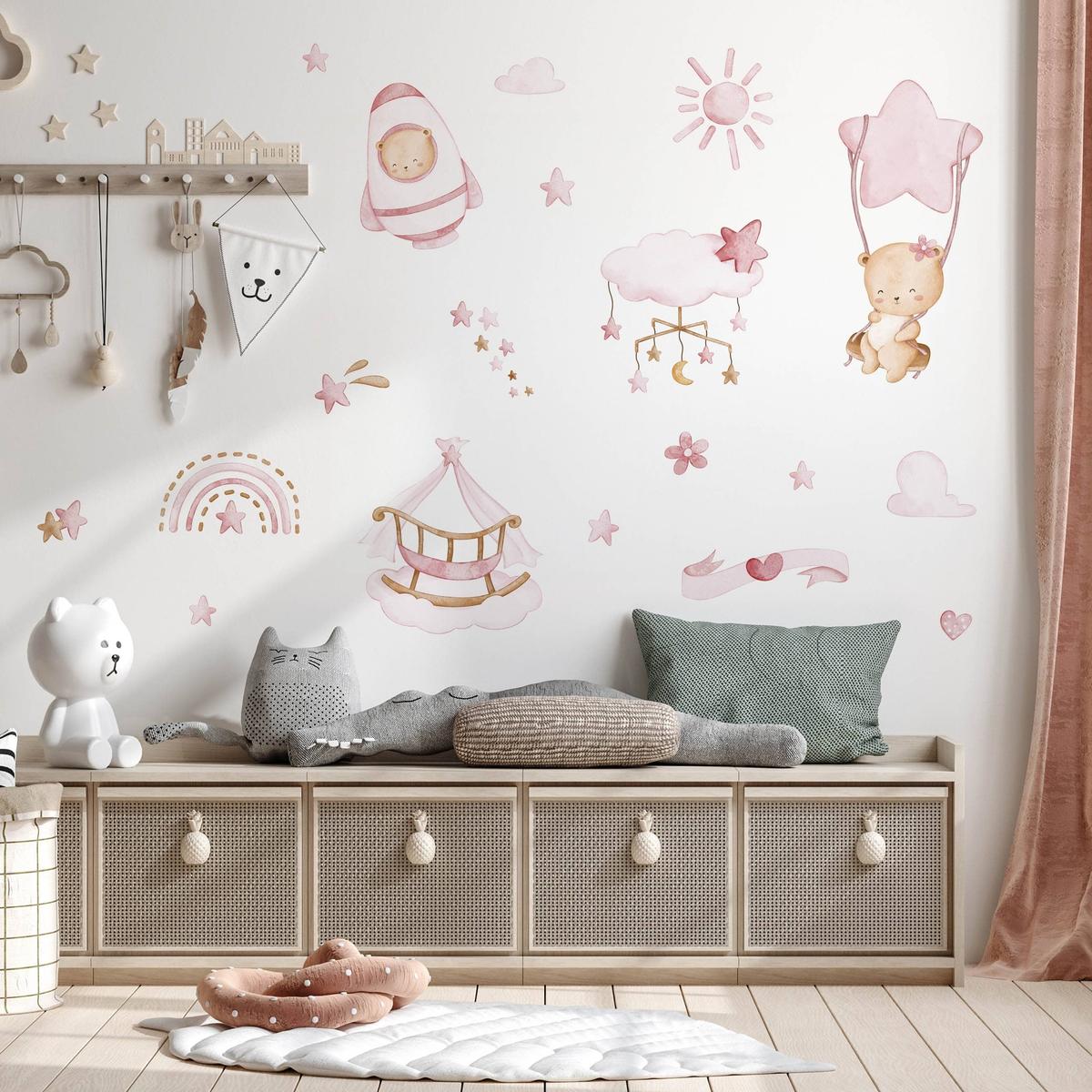Naklejki Na Ścianę Dla Dzieci Misie Różowe 120x60 Chmurki Rakieta ZESTAW nr. 4