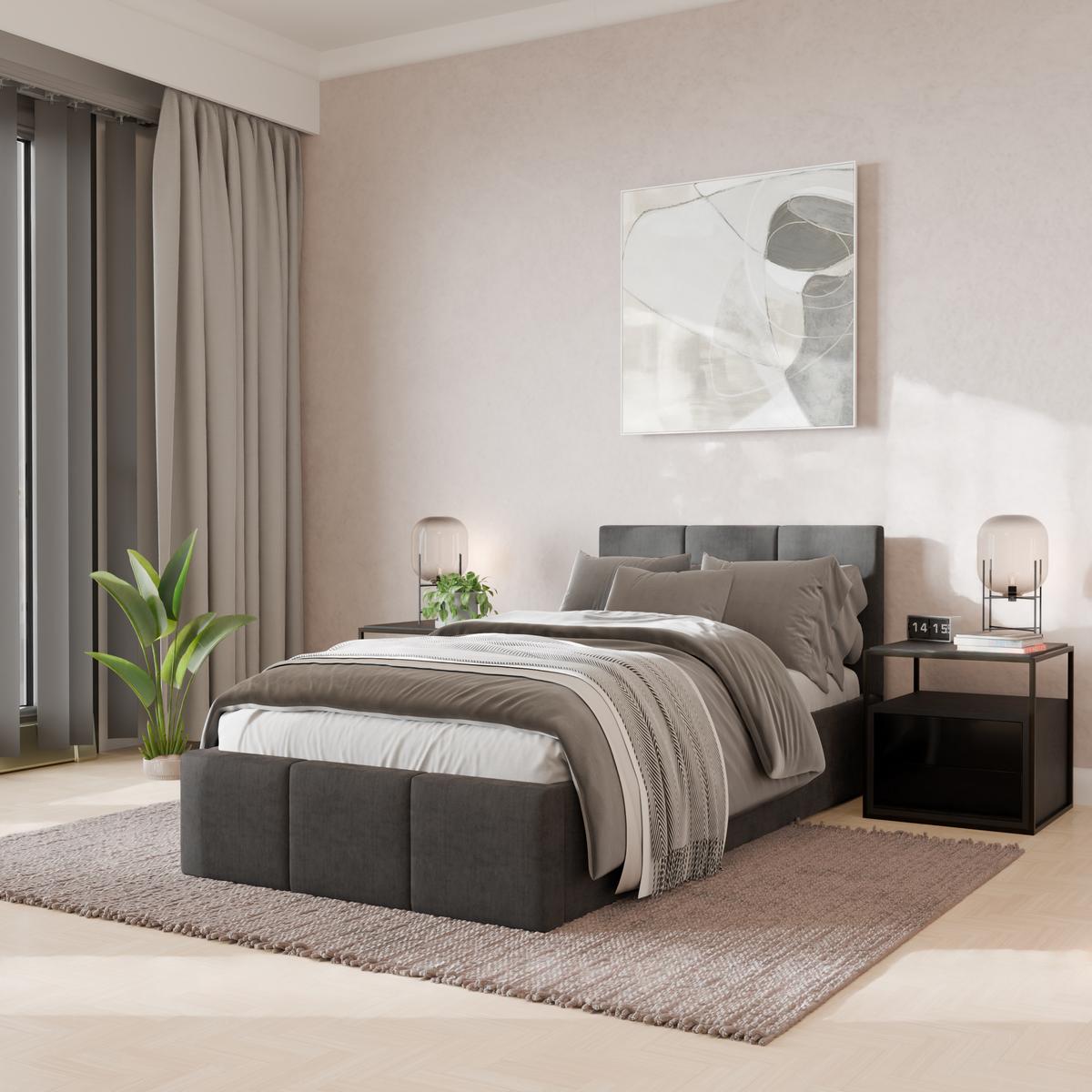 Łóżko Pojedyncze 90x200cm łóżko tapicerowane z pojemnikiem szare do sypialni wezgłowie 110 cm