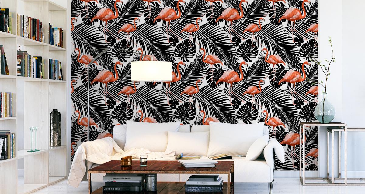 Tapeta Do Salonu Czarne EGZOTYCZNE Liście Flamingi 53x1000  nr. 6