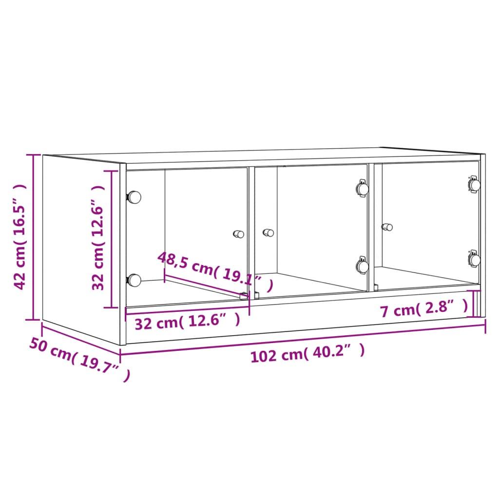 Stolik kawowy 102x50x42 cm z półkami i szklanymi drzwiczkami przydymiony dąb do salonu nr. 12