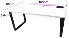 Biurko gamingowe model 3 Top 160x71x80 cm białe LOFT LED RGB pilot przepust HUB USB blat 3,6 cm - Miniaturka zdjęcia nr 2