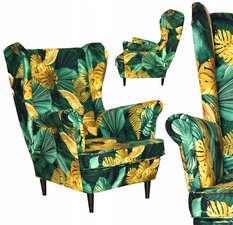 Fotel uszak 104x84 cm zielony w liście monstery skandynawski print do salonu