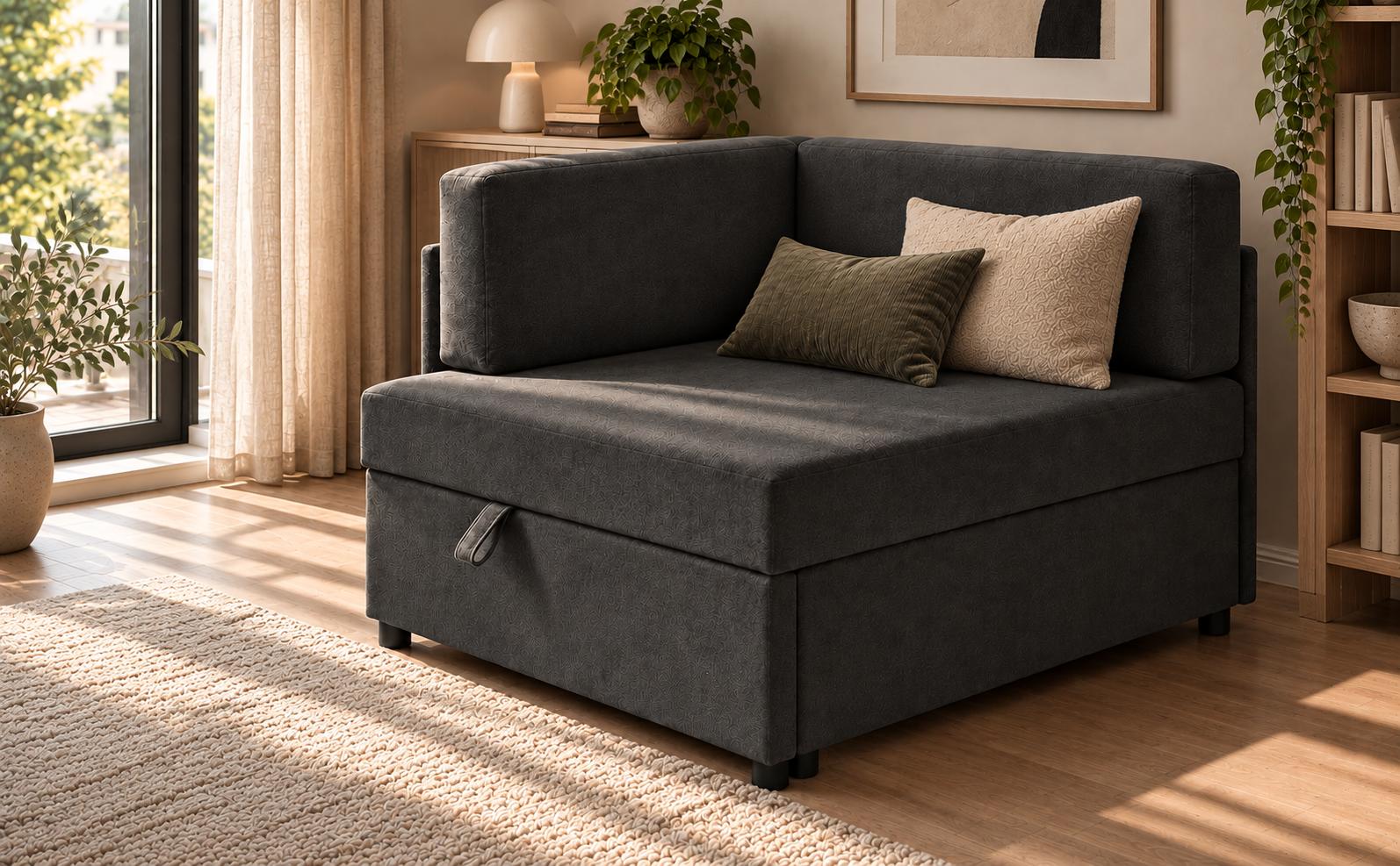 Sofa Viluś 106x75x80 cm grafitowy rozkładana sofa narożna jednoosobowa z funkcją spania i pojemnikiem na pościel