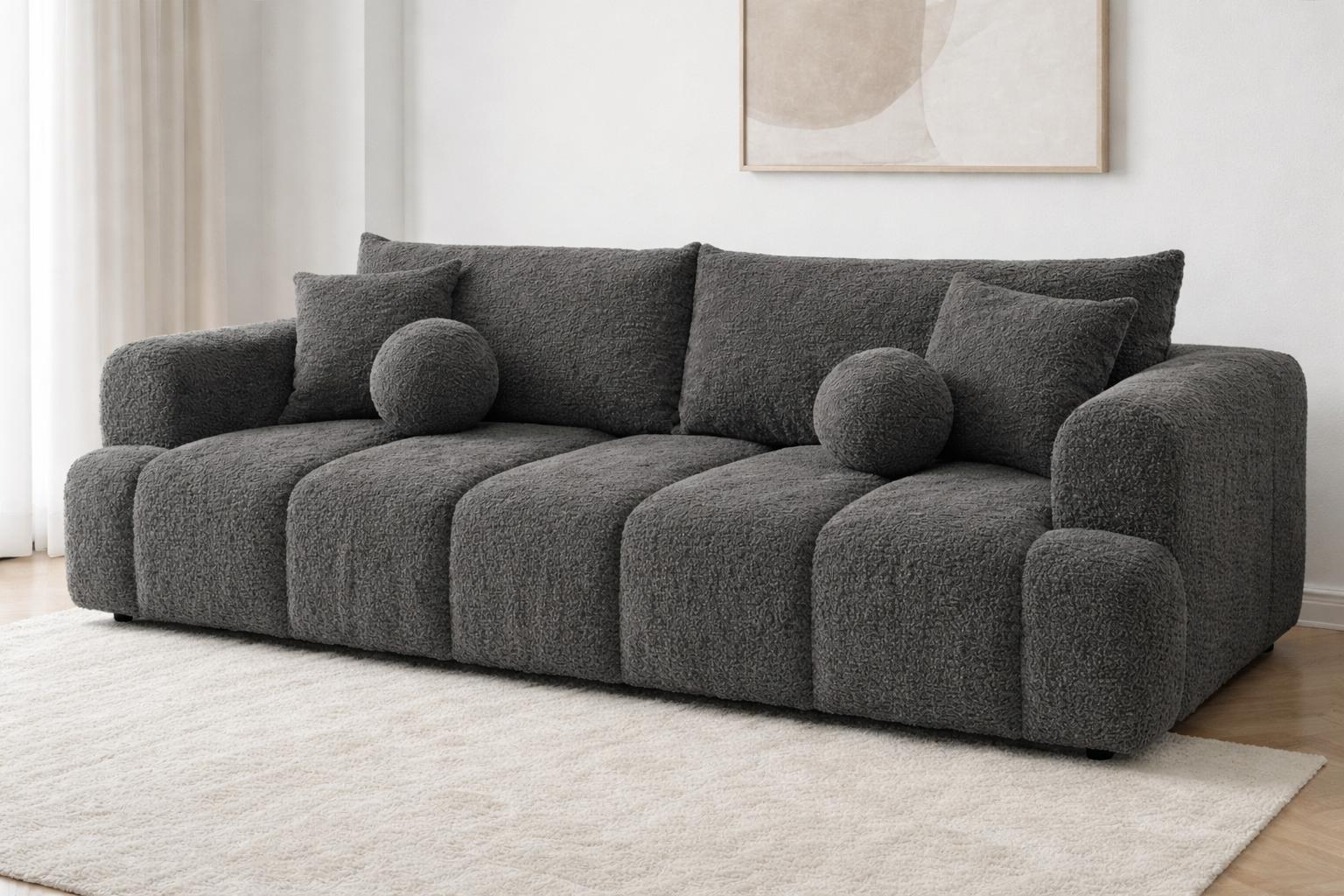 Kanapa z funkcją spania Mediolan 250x112x90 cm rozkładana trzyosobowa sofa tkanina LOOP ciemnoszara