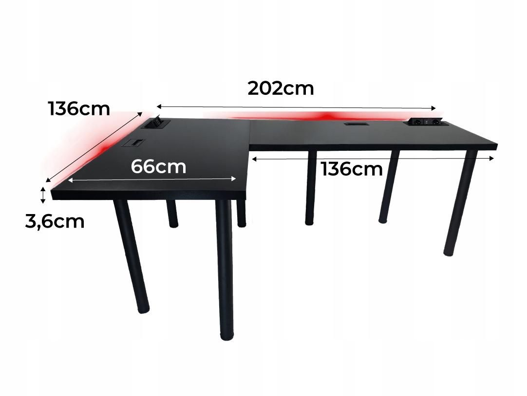 Biurko gamingowe model 3 Top 202x75x66 cm czarne narożne gniazdo do pokoju gracza nr. 3