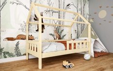 Łóżko domek LUNA NATURLANE 90X200 cm dla dzieci z barierkami do pokoju dziecięcego surowe
