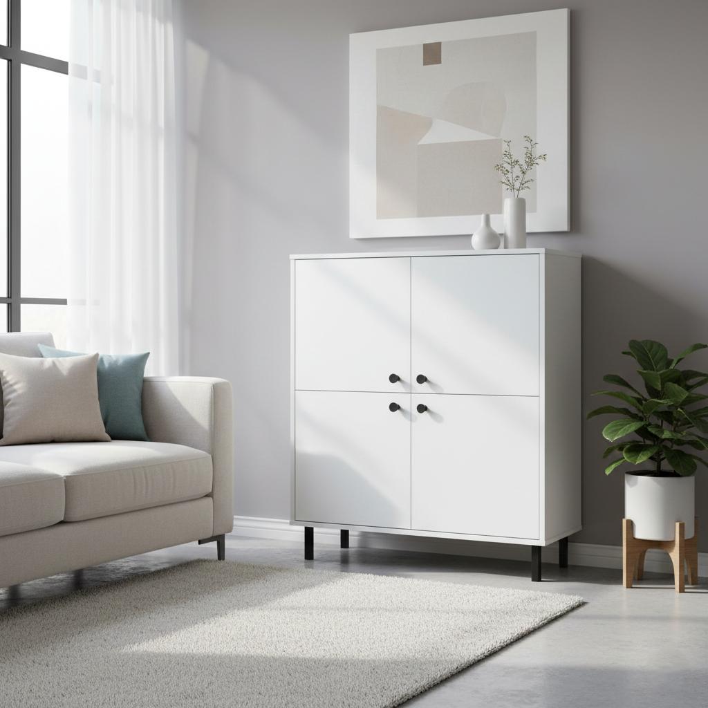 Wysoka komoda NOMI 100x40x113 cm czterodrzwiowa do salonu biała loft