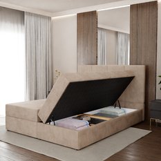 Łóżko kontynentalne 160x200x113 cm tapicerowane podwójne z materacem beżowe - Miniaturka zdjęcia nr 4