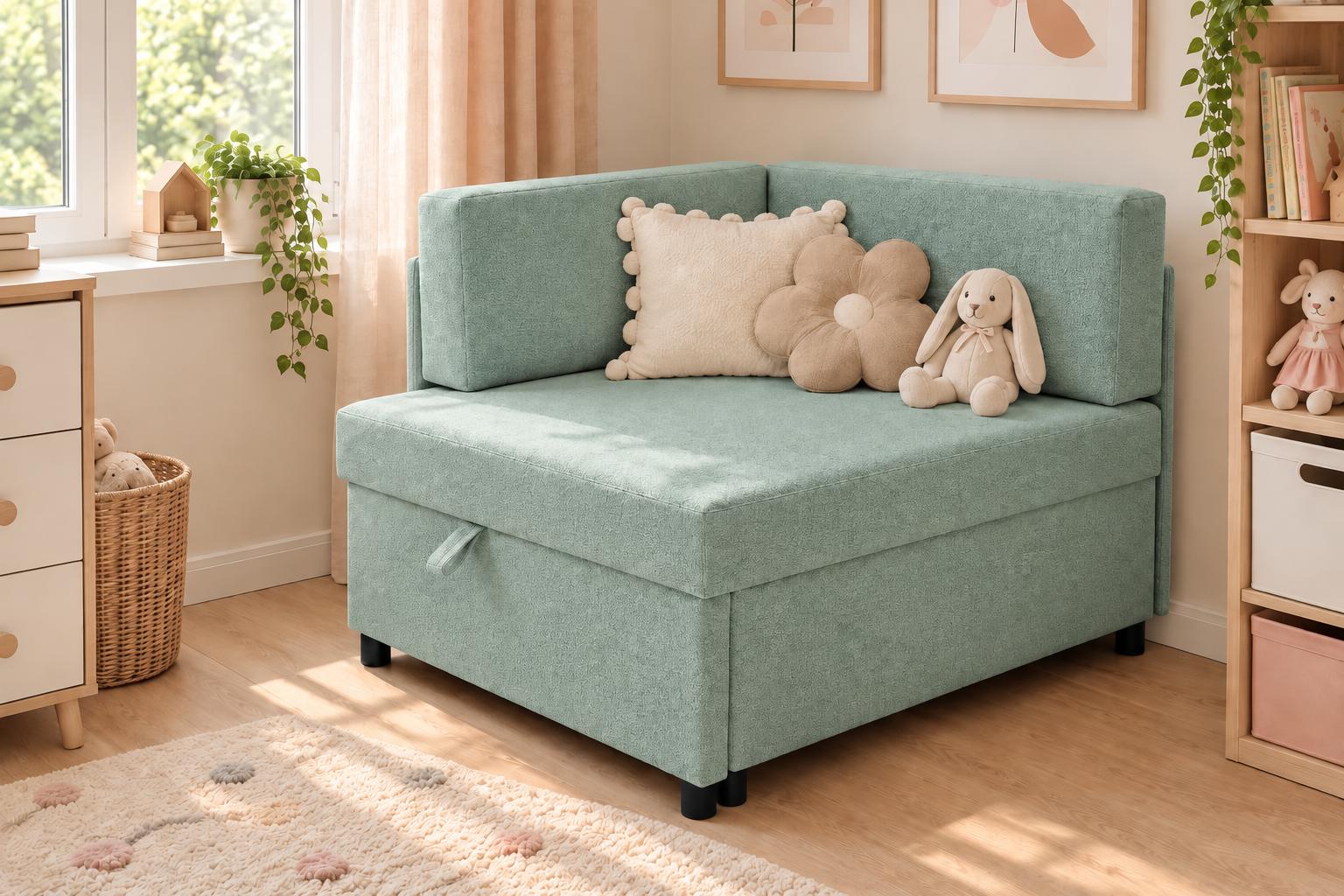Sofa Viluś 106x75x80 cm miętowy rozkładana sofa narożna jednoosobowa z funkcją spania i pojemnikiem na pościel nr. 1