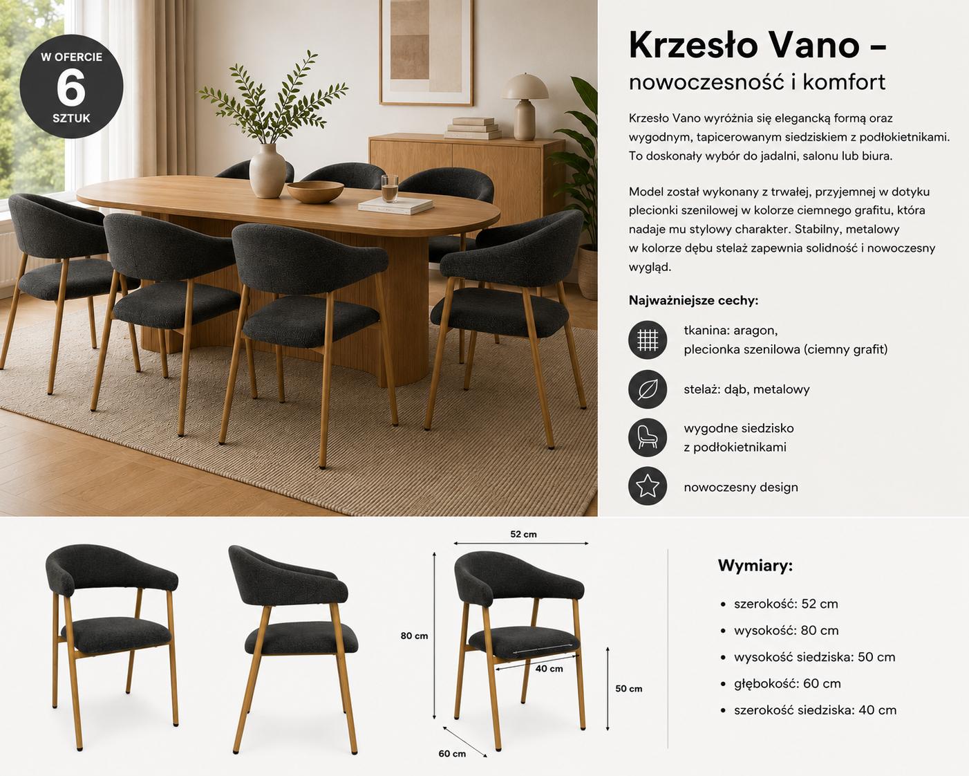 Zestaw 6 krzeseł tapicerowanych do jadalni VANO zestaw krzeseł dąb stelaż/ciemnoszary nr. 6