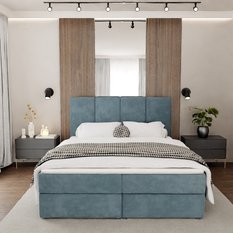 Łóżko kontynentalne 160x200x113 cm tapicerowane podwójne z materacem morskie - Miniaturka zdjęcia nr 2