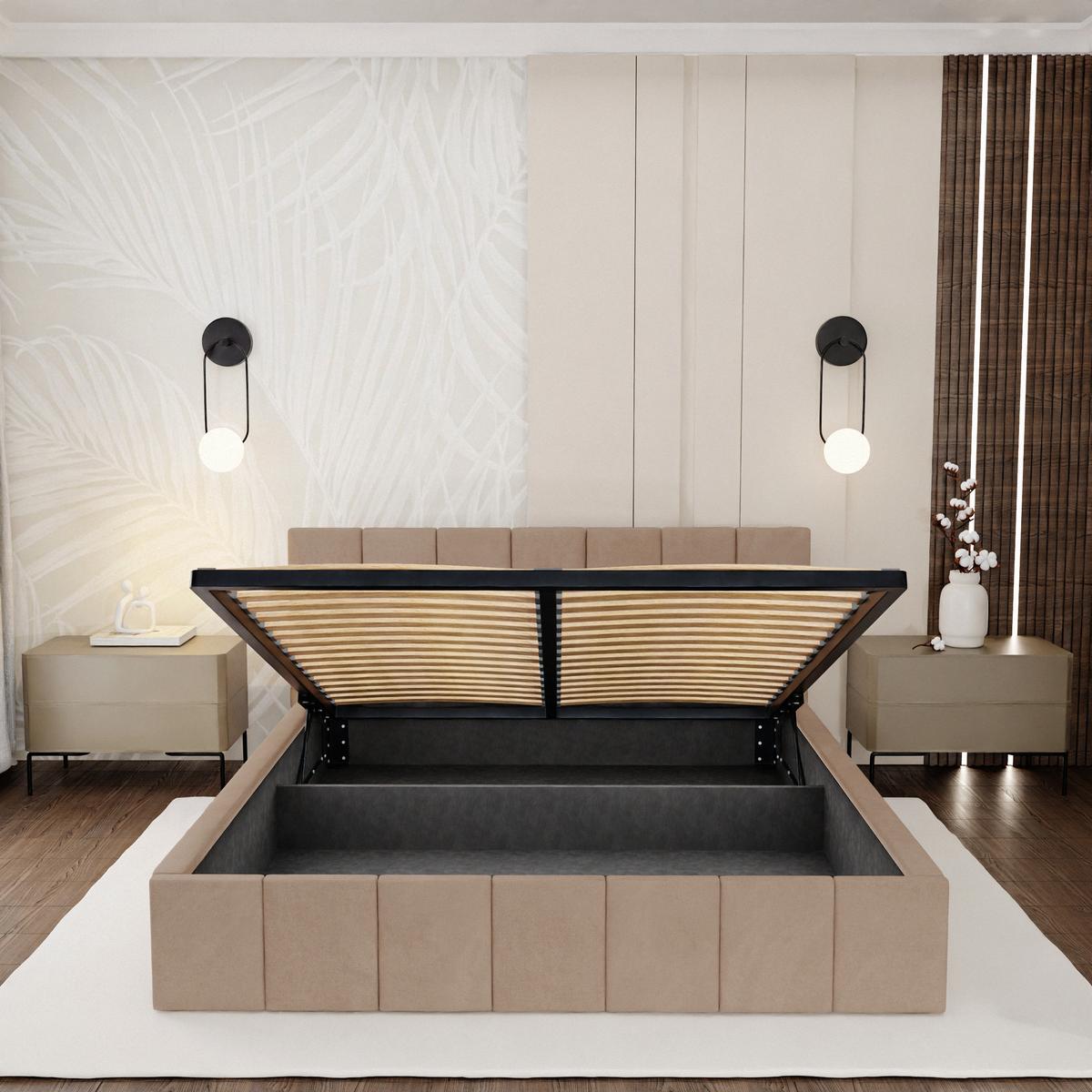 Łóżko tapicerowane 160x200 premium z pojemnikiem do sypialni beżowe wezgłowie 107 cm nr. 7