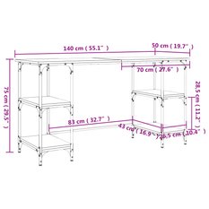 Biurko 140x50x75 cm metalową ramą i półkami brązowy dąb do biura - Miniaturka zdjęcia nr 10