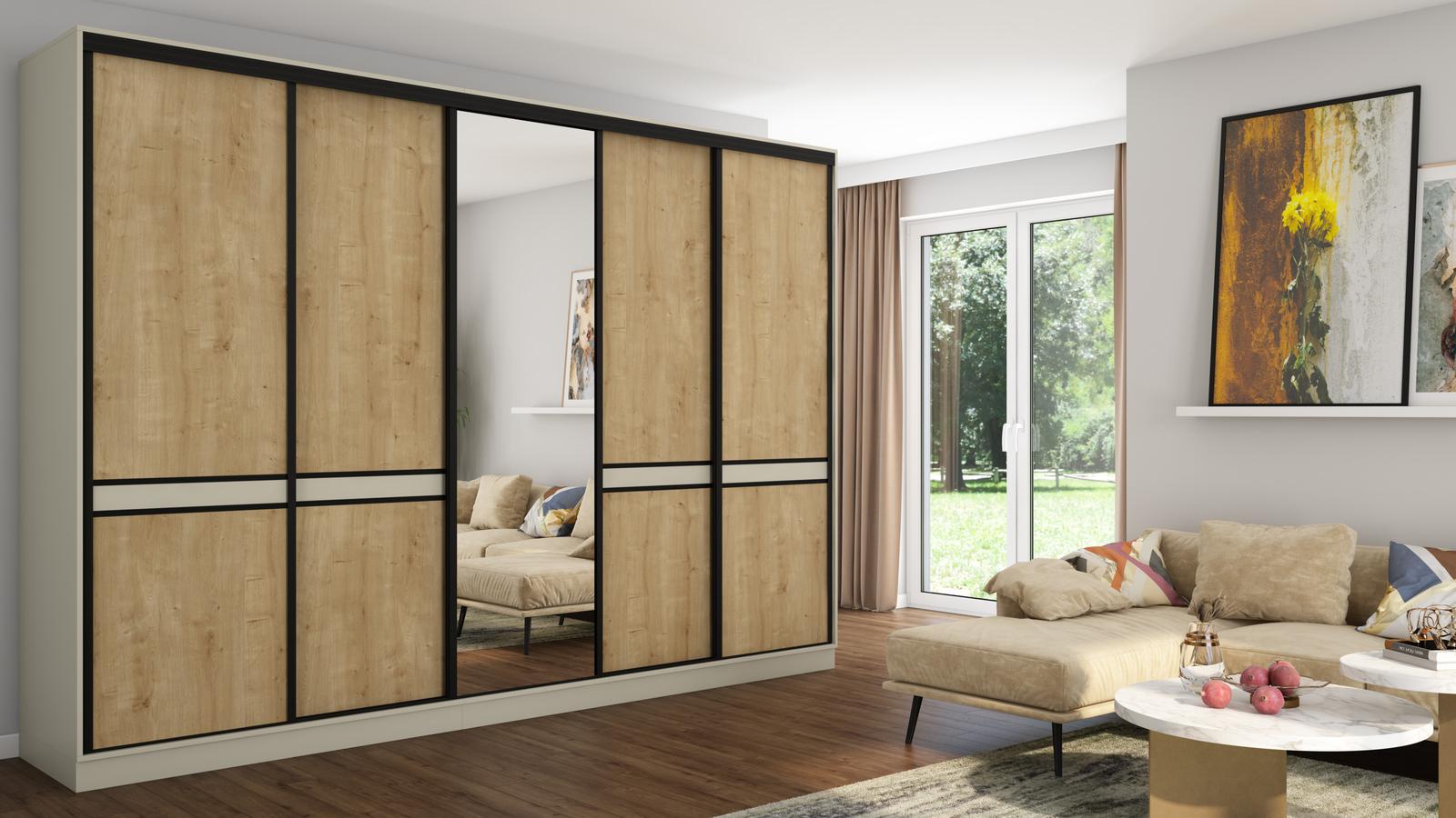 Szafa przesuwna 340x66x244 cm do sypialni okucia czarne kaszmirowy beż dąb hamilton z 1 lustrem 
