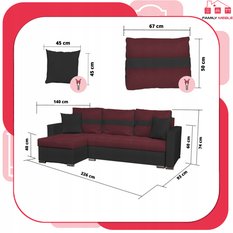 Narożnik FIGO 226x74x140 cm rozkładany z funkcją spania rogówka do salonu czarny bordo - Miniaturka zdjęcia nr 8
