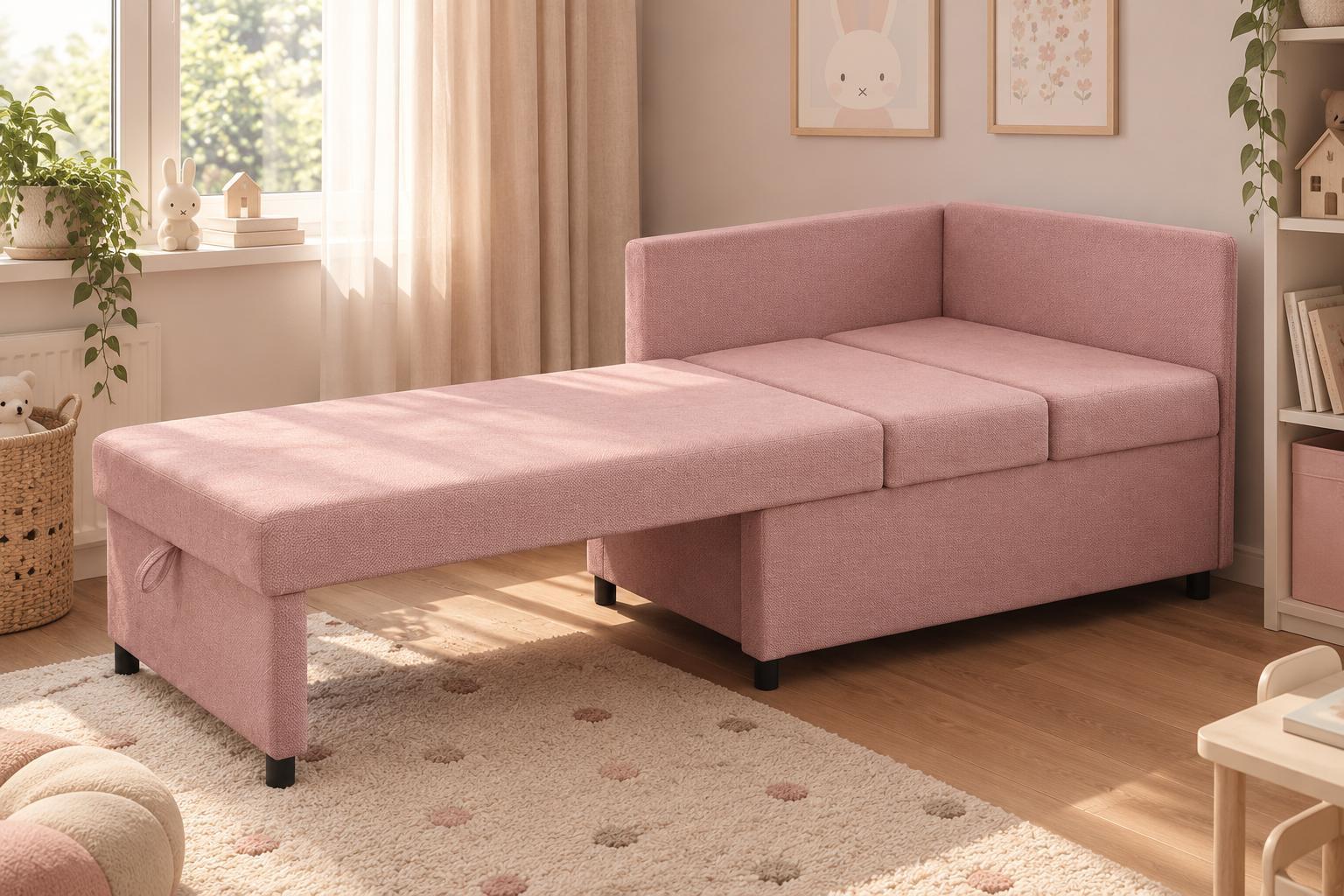 Sofa Viluś 106x75x80 cm różowa rozkładana sofa narożna jednoosobowa z funkcją spania i pojemnikiem na pościel nr. 2