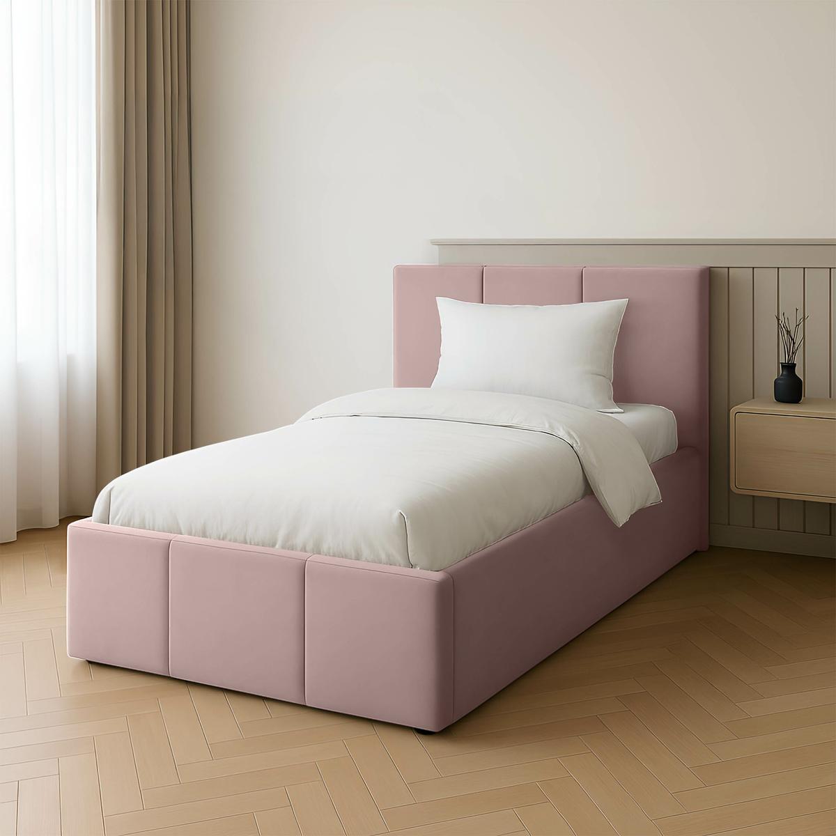 Łóżko Pojedyncze 90x200cm łóżko tapicerowane z pojemnikiem różowe do sypialni wezgłowie 110 cm nr. 3