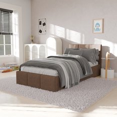 Łóżko Pojedyncze 90x200cm łóżko tapicerowane z pojemnikiem beżowe do sypialni wezgłowie 110 cm - Miniaturka zdjęcia nr 4