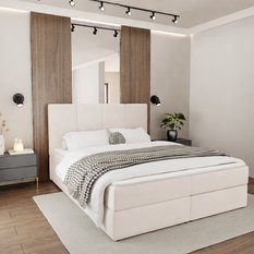 Łóżko kontynentalne 160x200x113 cm tapicerowane podwójne z materacem kremowe - Miniaturka zdjęcia nr 3