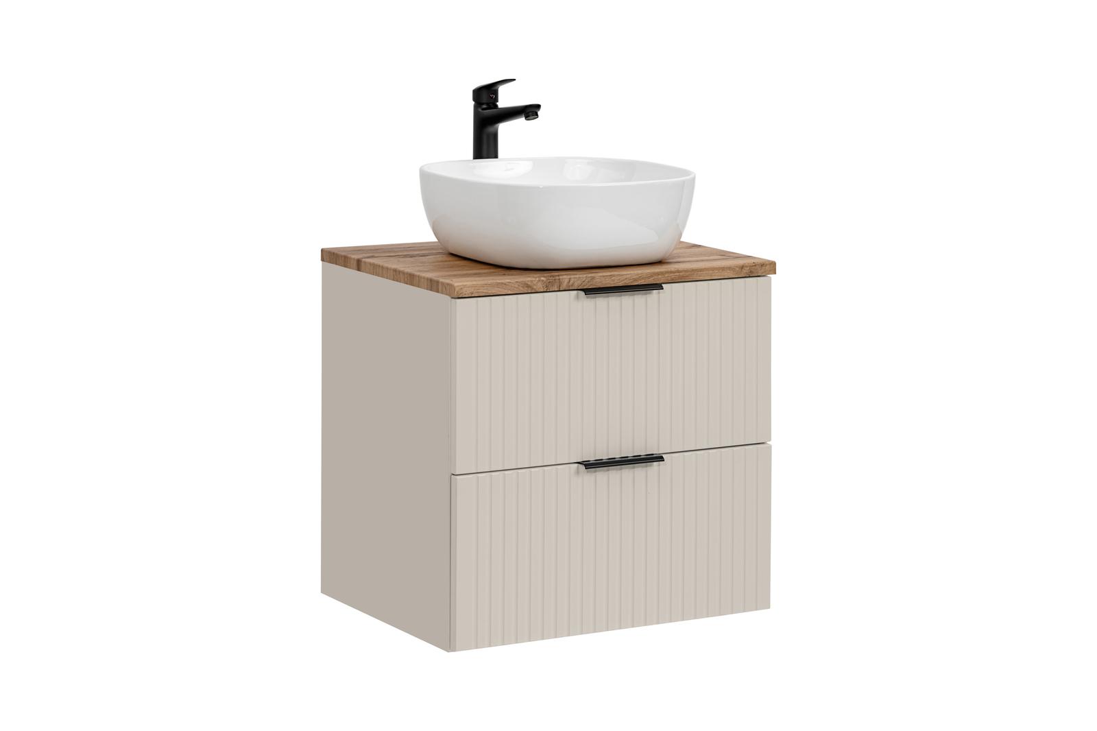 Szafka łazienkowa ADEL 60 cm z blatem dąb wotan i umywalką nablatową szuflady kaszmir 