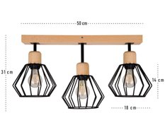 Lampa sufitowa 50x18x31 cm trzypunktowy spot z drewna i metalu gwint E27 czarna do salonu - Miniaturka zdjęcia nr 3