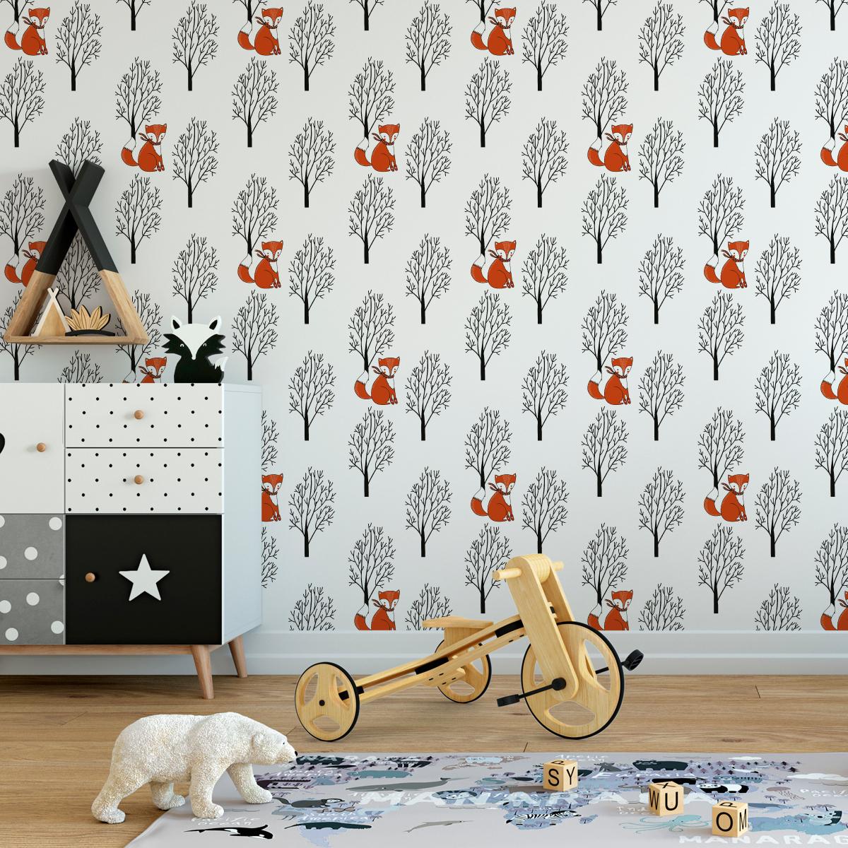 Tapeta Dla Dzieci LISY Zwierzęta Leśne Drzewa Las  nr. 6