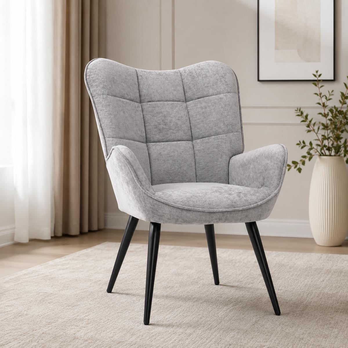 Fotel VIA tapicerowany wypoczynkowy 69x63x89 cm do salonu biura nogi czarne, szenil jasnoszary