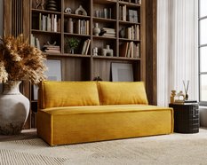 Sofa z funkcją spania i pojemnikiem na pościel, kolor musztardowy, 198x90x89 cm sztruksowa