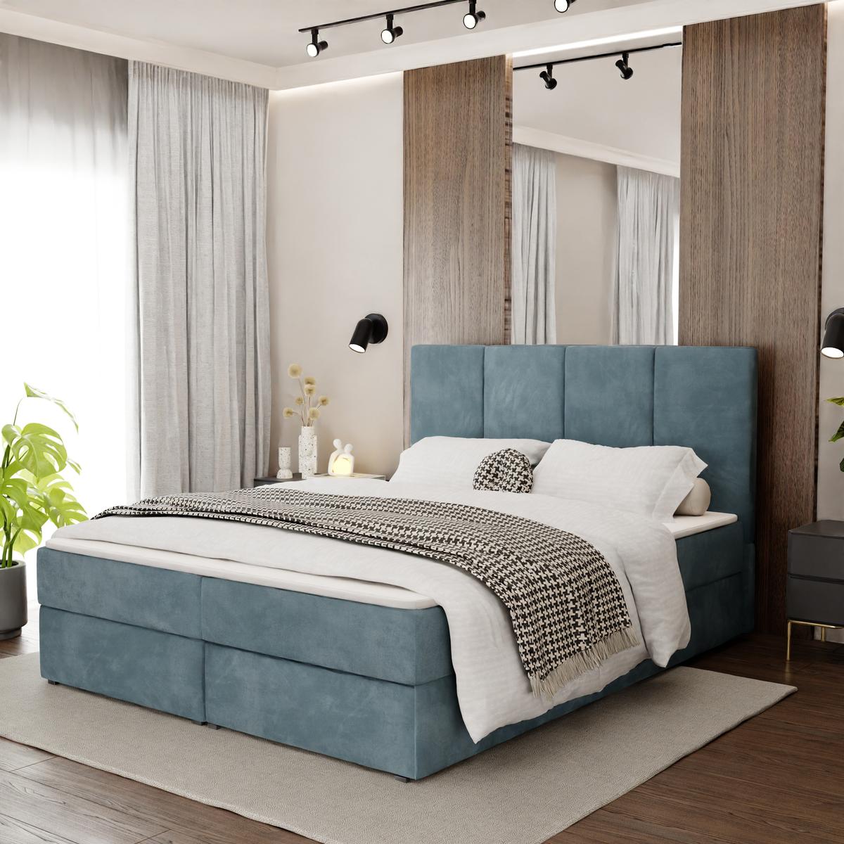 Łóżko kontynentalne 160x200x113 cm tapicerowane podwójne z materacem morskie