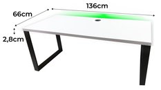 Biurko gamingowe model 2 Low 136x66x2.8 cm białe loftowe led przepust stabilne do pokoju gracza - Miniaturka zdjęcia nr 2