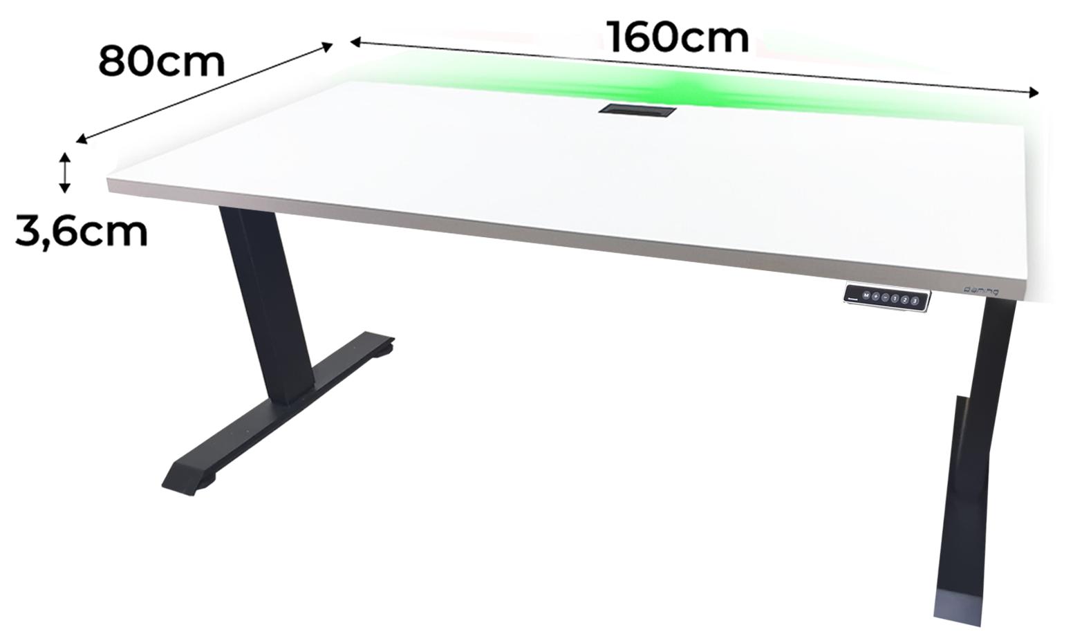 Biurko gamingowe elektryczne TOP 160x80x70-118 cm regulowane nogi LED RGB pilot przepust białe nr. 2