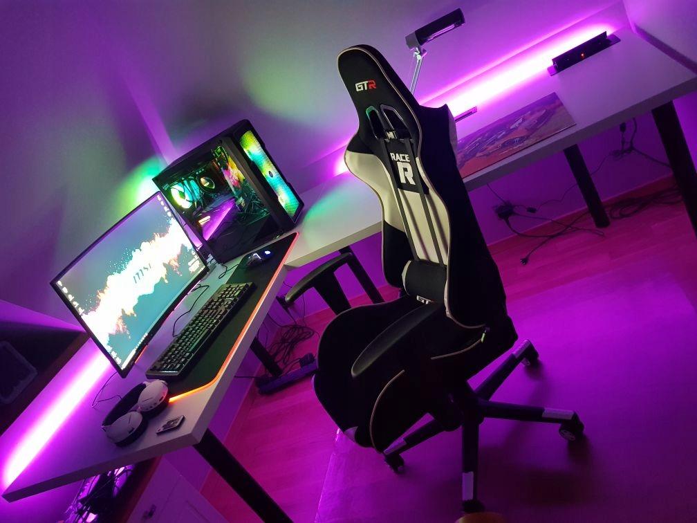 Biurko gamingowe narożne model 3 Top czarne LOFT metalowe nogi LED RGB przepust USB dla gracza 180x60x71cm nr. 13